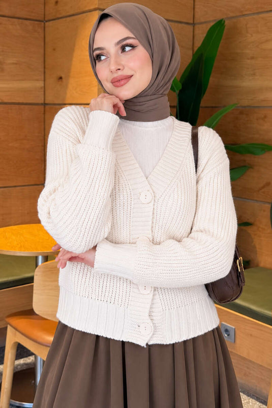 كارديغان كريمي مخطط بأزرار وتفاصيل ريب