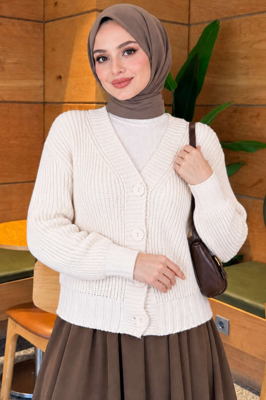كارديغان كريمي مخطط بأزرار وتفاصيل ريب