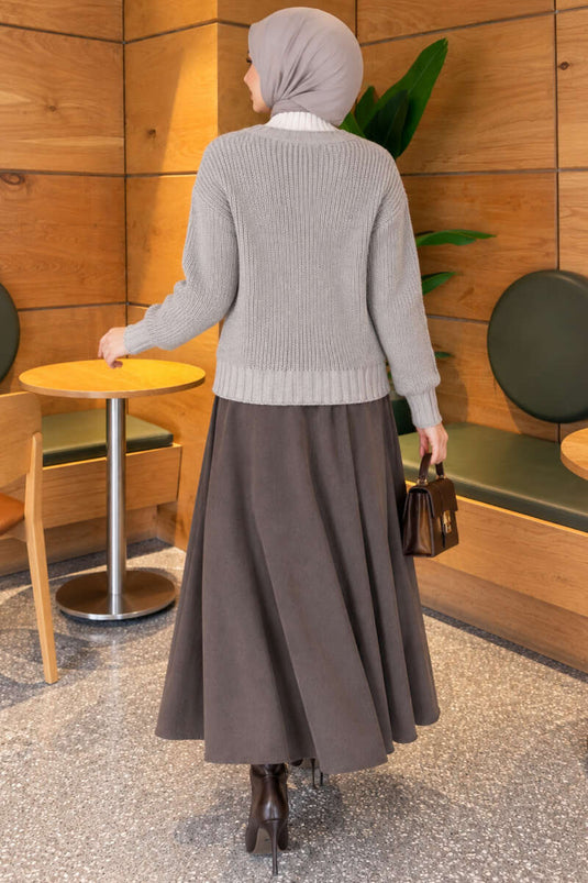 Grey Ribbed Button Detail Knit Cardigan