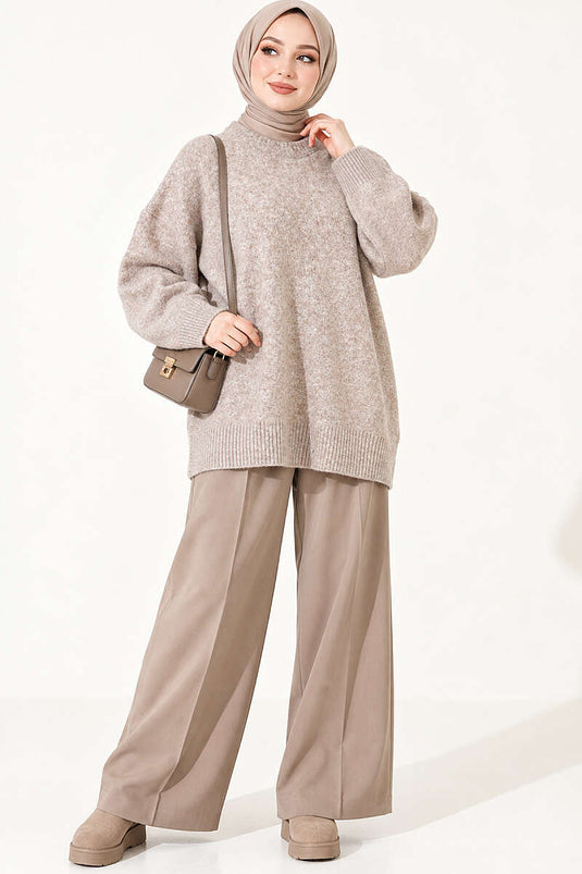 Beige Ribbed Off-Shoulder Knit Tunic