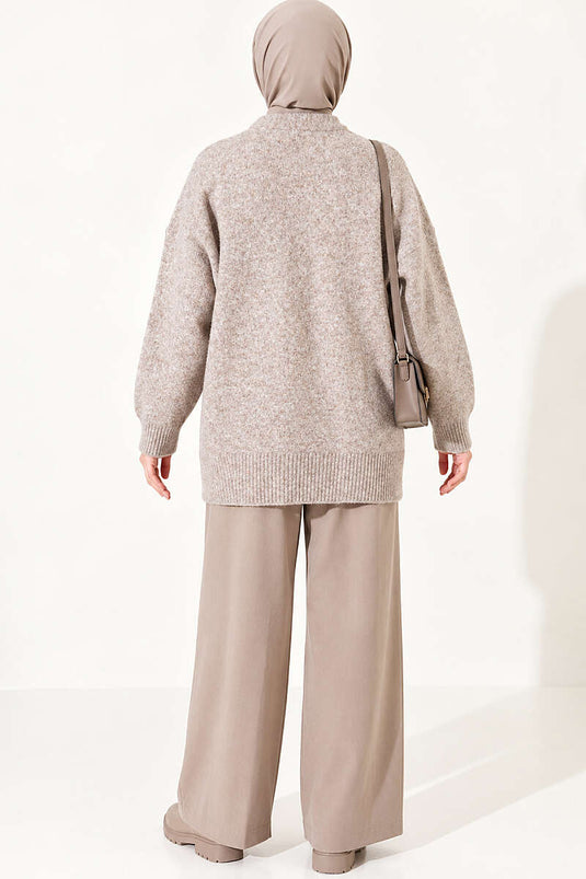 Beige Ribbed Off-Shoulder Knit Tunic