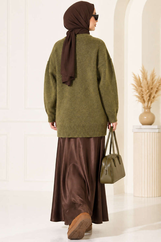 Kaki Rippstrick Tunik Mit Off-Shoulder
