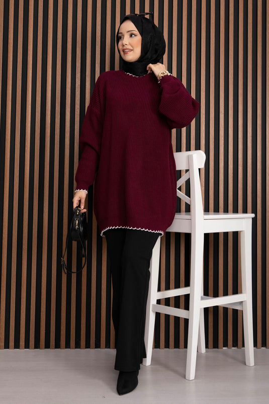 Ribanalı Oversize Triko Kazak Bordo