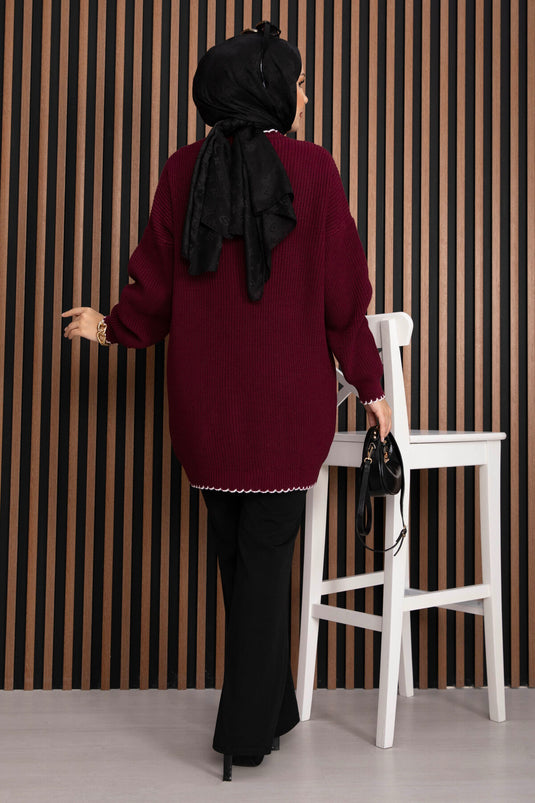 Ribanalı Oversize Triko Kazak Bordo