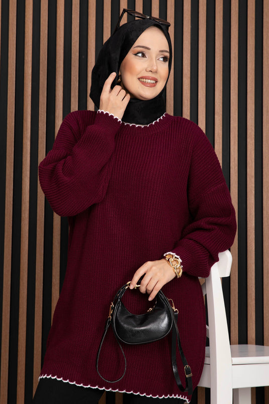 Ribanalı Oversize Triko Kazak Bordo