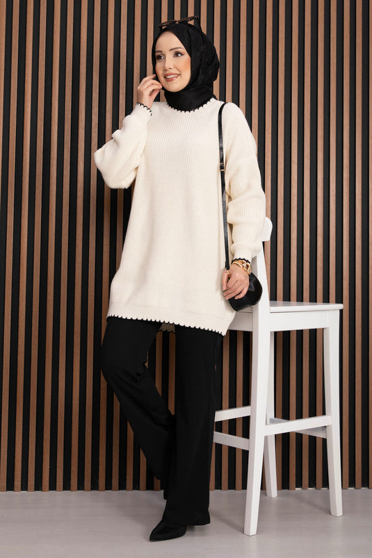 Pull tricot oversize côtelé écru