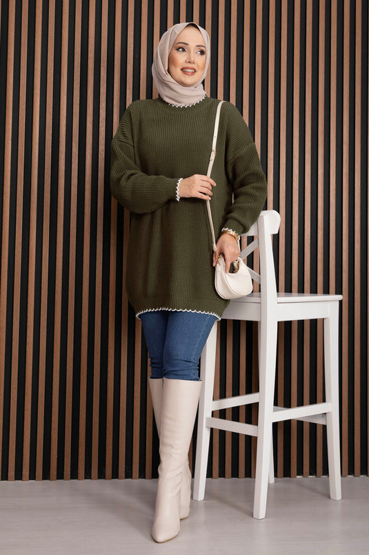 Pull Tricot Oversize Côtelé Kaki