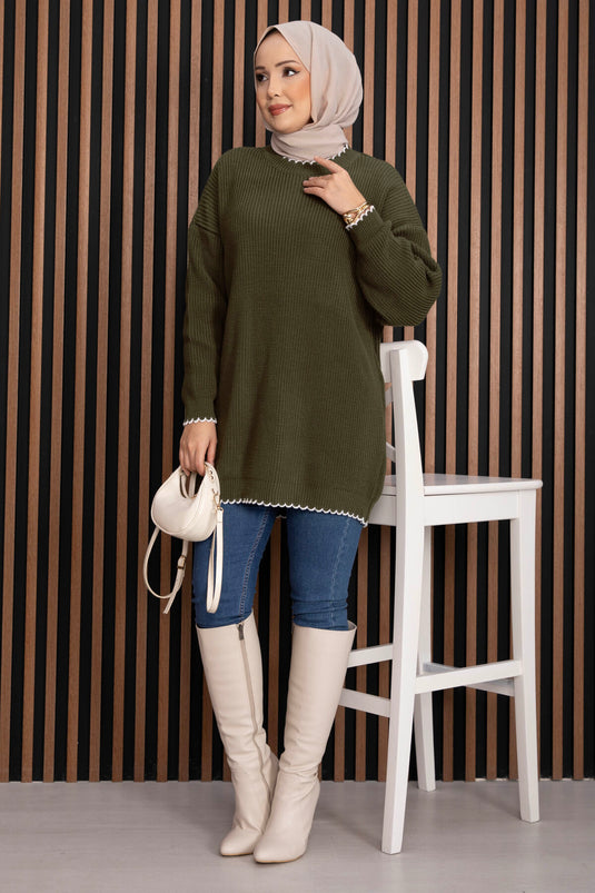 Ribanalı Oversize Triko Kazak Haki