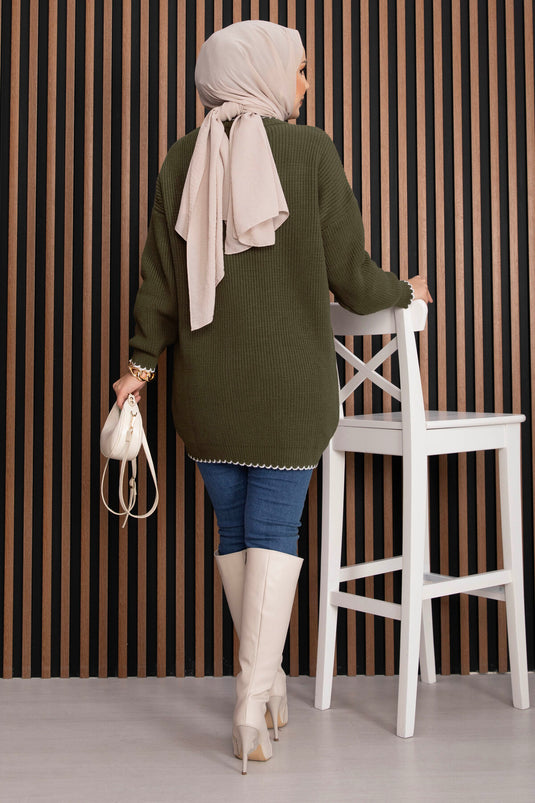 Ribanalı Oversize Triko Kazak Haki