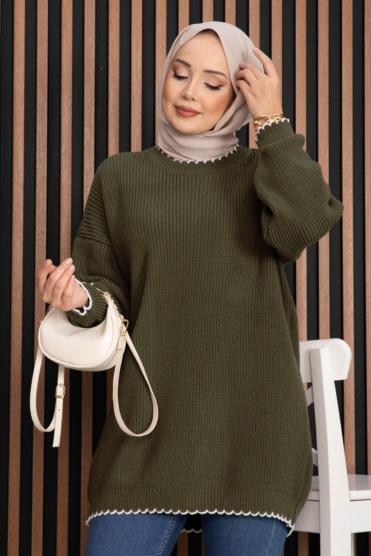 Ribanalı Oversize Triko Kazak Haki