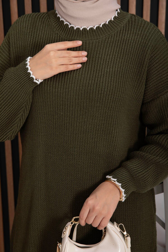 Ribanalı Oversize Triko Kazak Haki