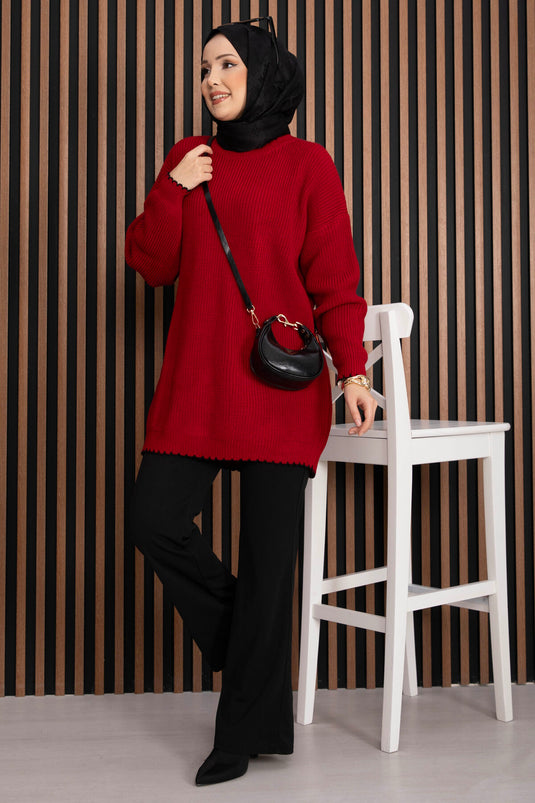 Ribanalı Oversize Triko Kazak Kırmızı