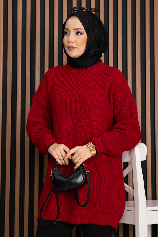 Ribanalı Oversize Triko Kazak Kırmızı