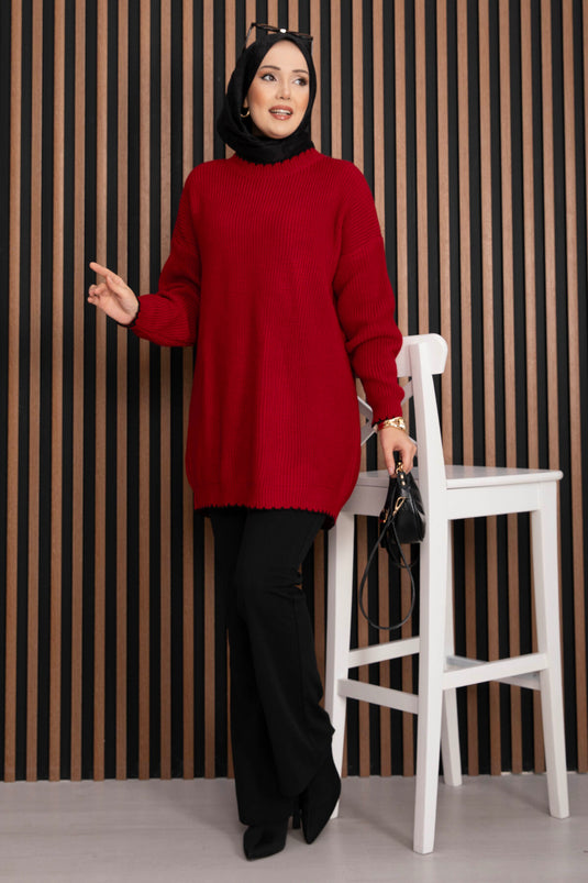 Ribanalı Oversize Triko Kazak Kırmızı