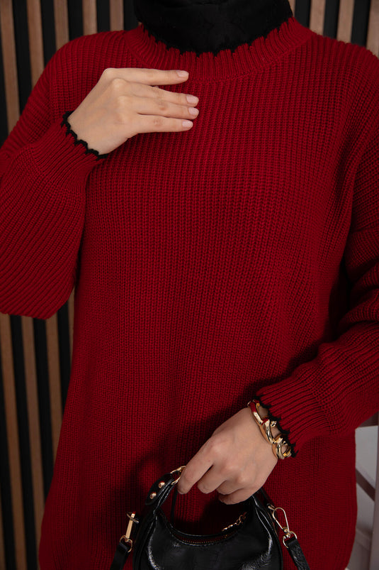 Ribanalı Oversize Triko Kazak Kırmızı