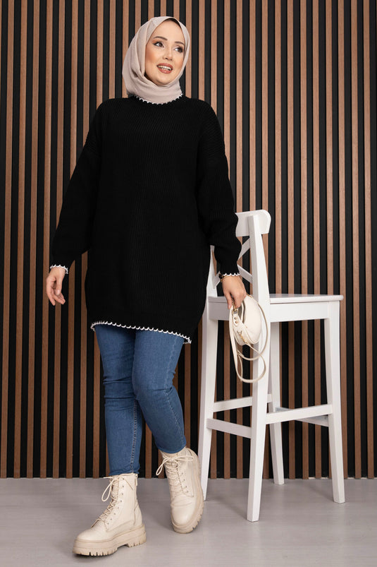 Ribanalı Oversize Triko Kazak Siyah