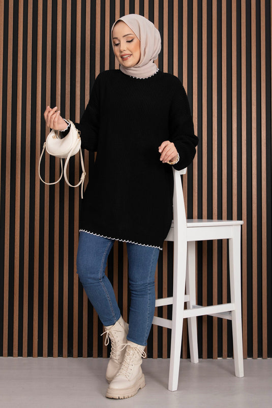 كنزة تريكو واسعة الحجم مضلعة باللون الأسود