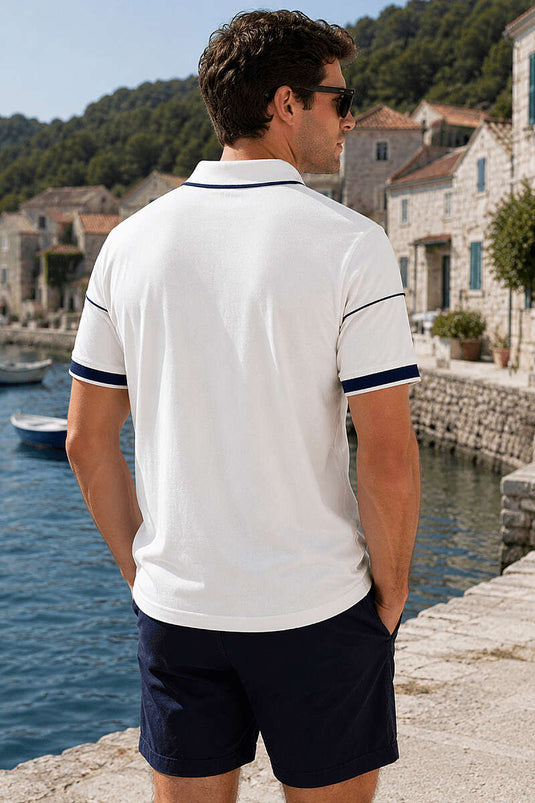 Ribanalı Polo Yaka Fermuarlı Erkek T-shirt Beyaz