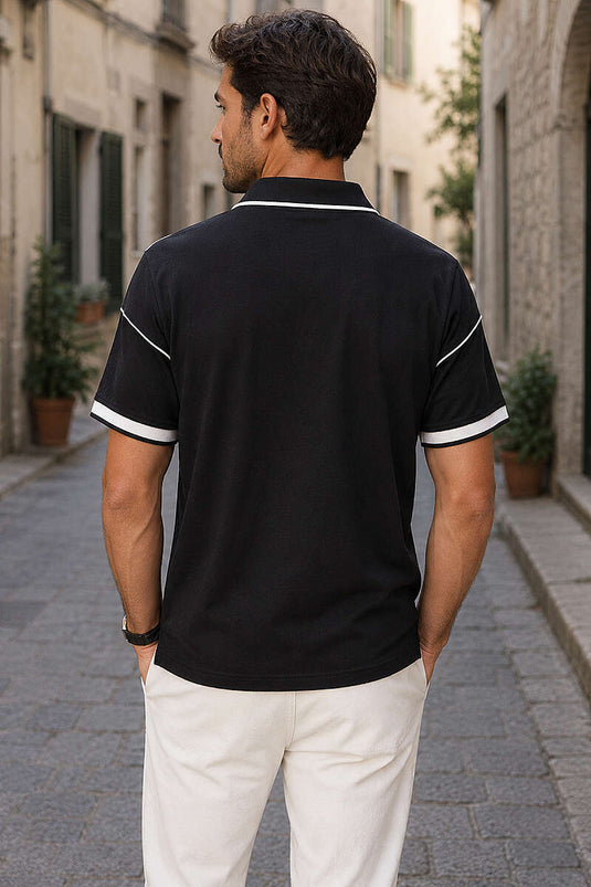 Ribanalı Polo Yaka Fermuarlı Erkek T-shirt Siyah