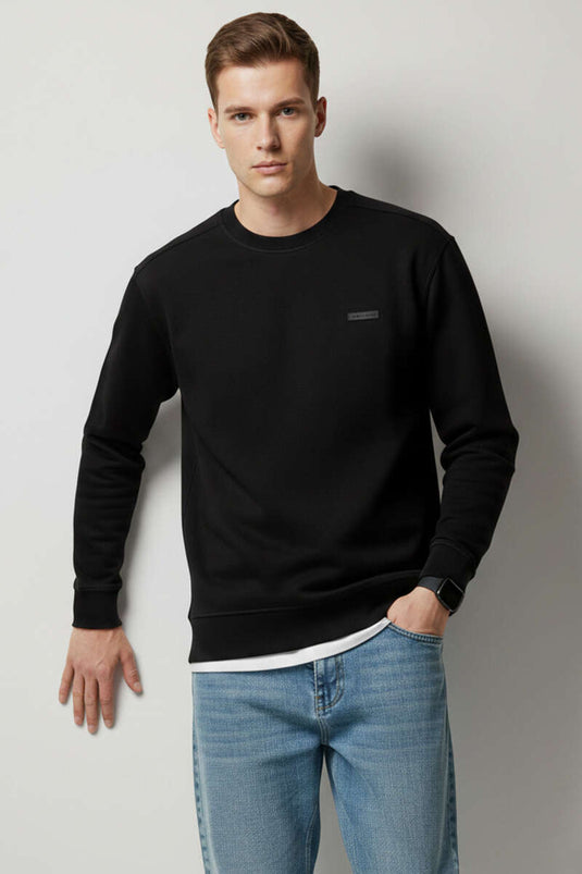 Ribbed Collar Printed Men's Sweatshirt Black