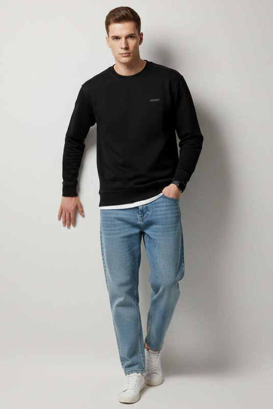 Ribbed Collar Printed Men's Sweatshirt Black
