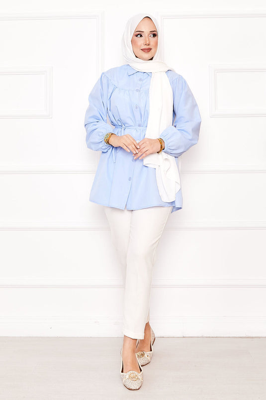 Roba Shirred Waist Tied Hijab Shirt Baby Blue