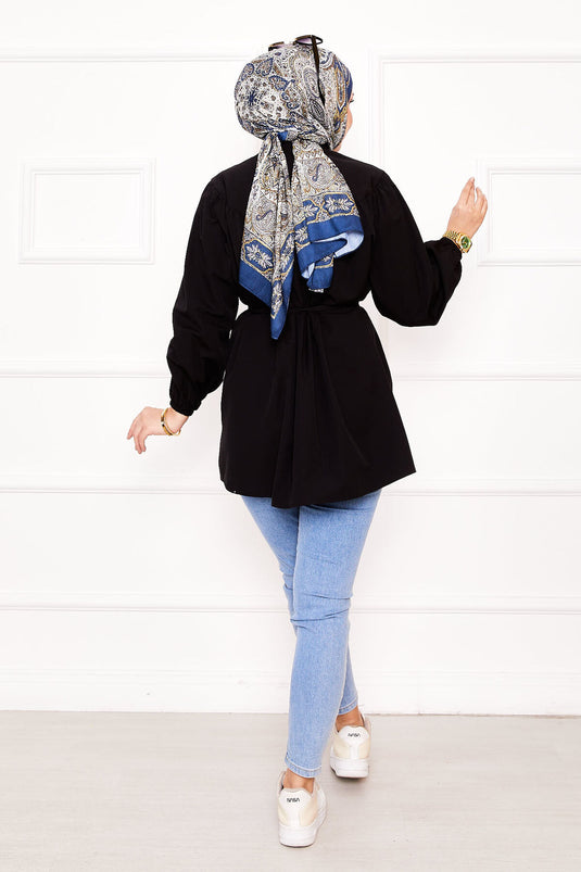 قميص روبا مكشكش مع رباط على الخصر، أسود