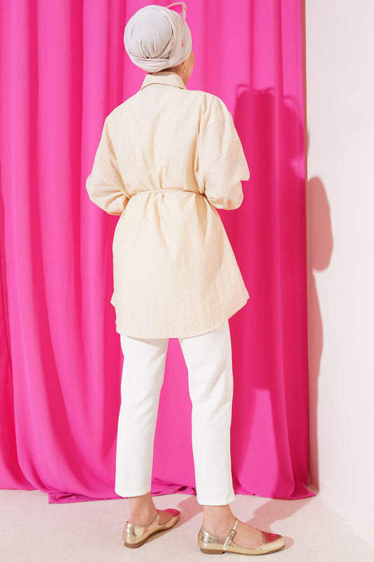 Robalı Balon Kol Kuşaklı Gömlek Bej