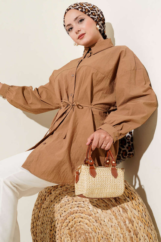 Robalı Balon Kol Kuşaklı Gömlek Camel