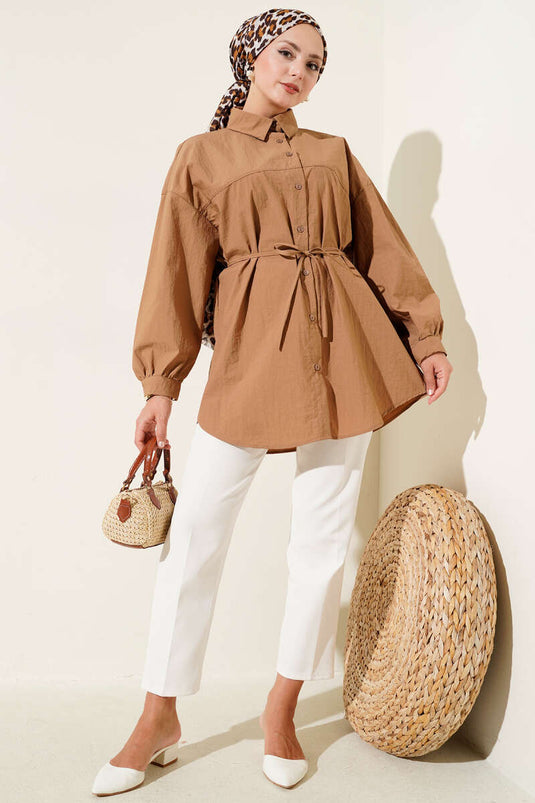 Robalı Balon Kol Kuşaklı Gömlek Camel