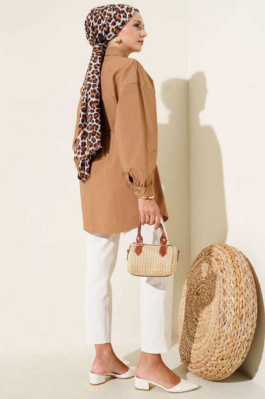 Robalı Balon Kol Kuşaklı Gömlek Camel