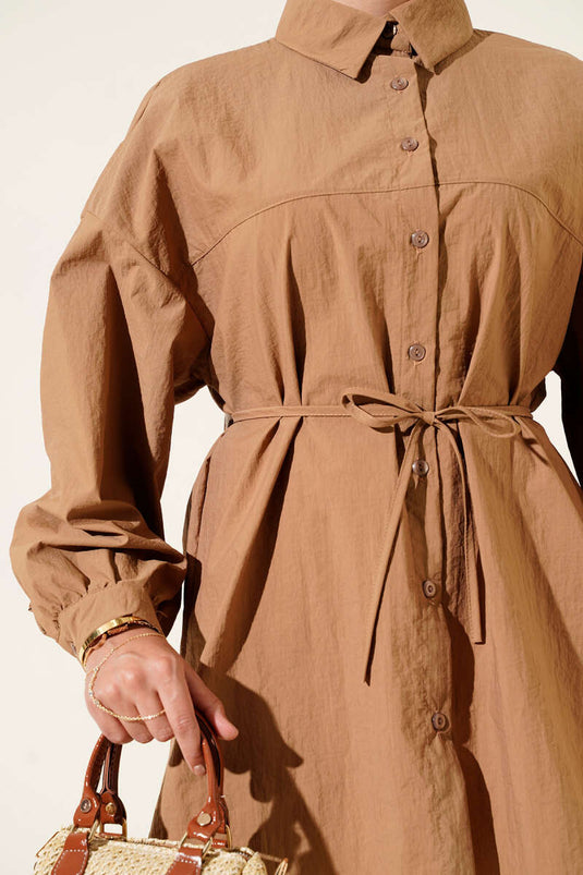 Robalı Balon Kol Kuşaklı Gömlek Camel