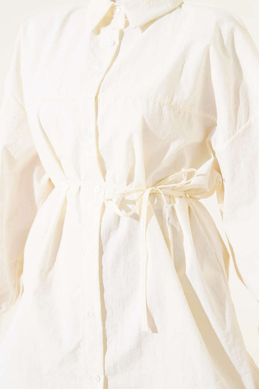 Robalı Balon Kol Kuşaklı Gömlek Krem