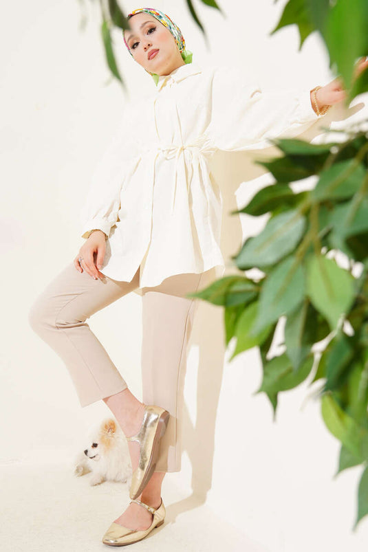 Robalı Balon Kol Kuşaklı Gömlek Krem