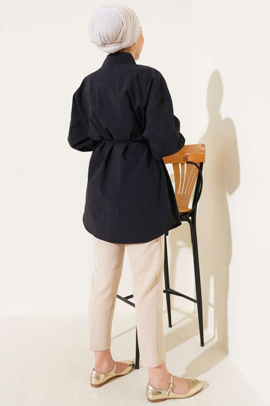 Black Balloon Sleeve Belted Shirt with Yoke