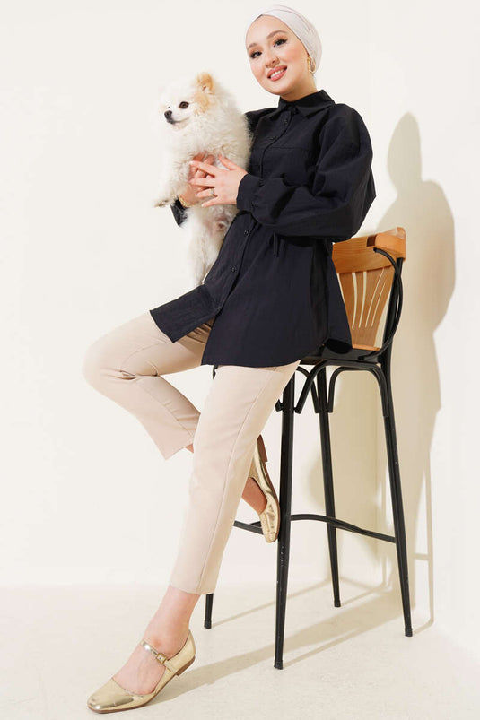 Black Balloon Sleeve Belted Shirt with Yoke