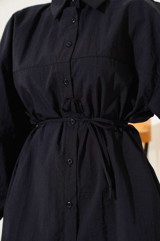 Black Balloon Sleeve Belted Shirt with Yoke