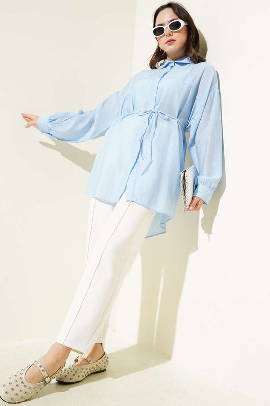Shirt with Rope Belt and Yoke Light Blue
