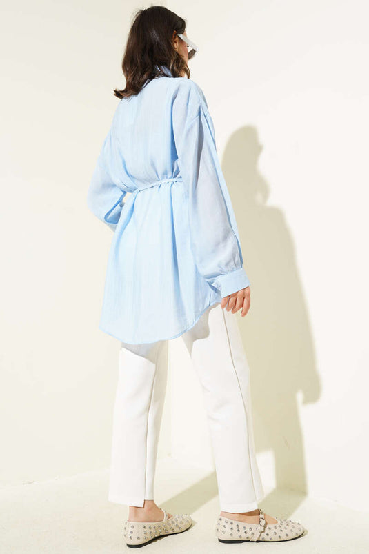 Shirt with Rope Belt and Yoke Light Blue