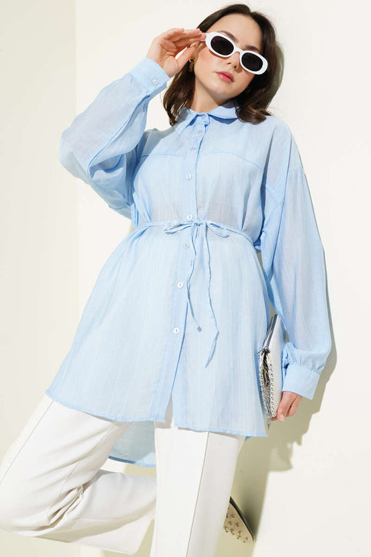 Shirt with Rope Belt and Yoke Light Blue