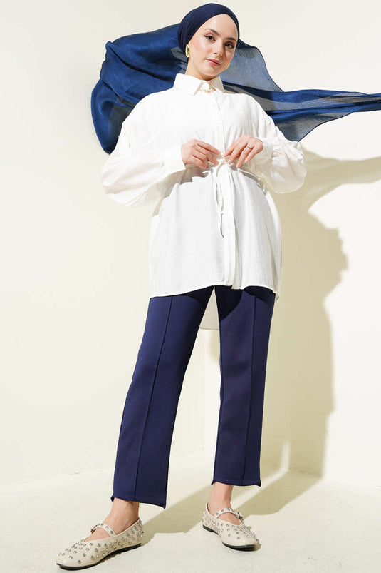 قميص مع حزام حبل ونير باللون البيج