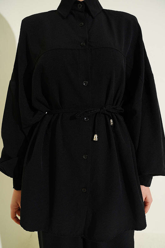 Ensemble deux pièces ceinturé en tissu côtelé noir