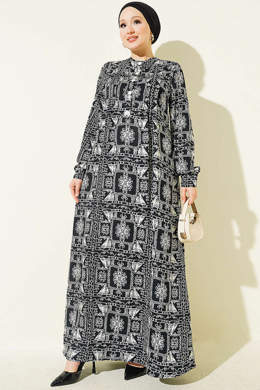 Schwarzes Halbknöpfe-Kleid Mit Kragen