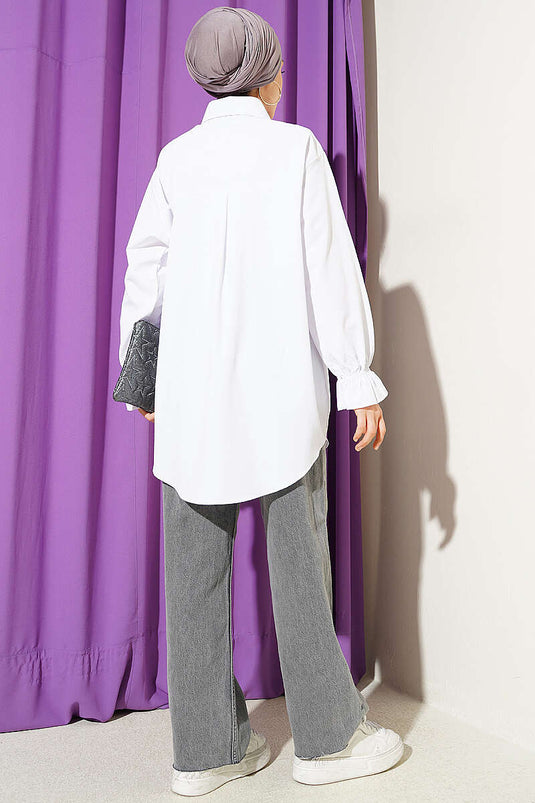 Poplin Shirt with Lace Yoke White