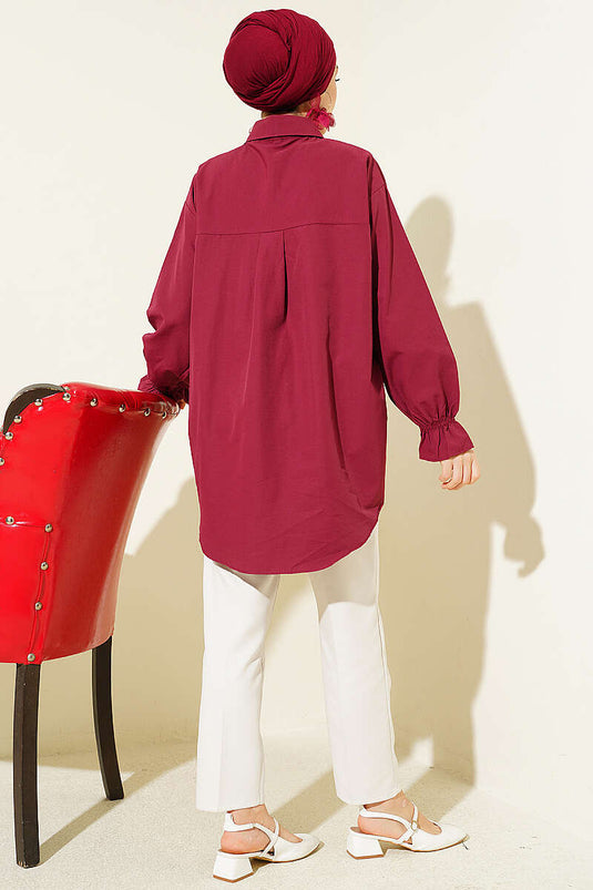 Poplin Shirt with Lace Yoke Burgundy