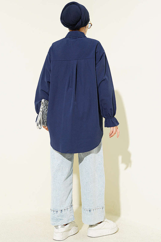Poplin Shirt with Lace Yoke Navy Blue