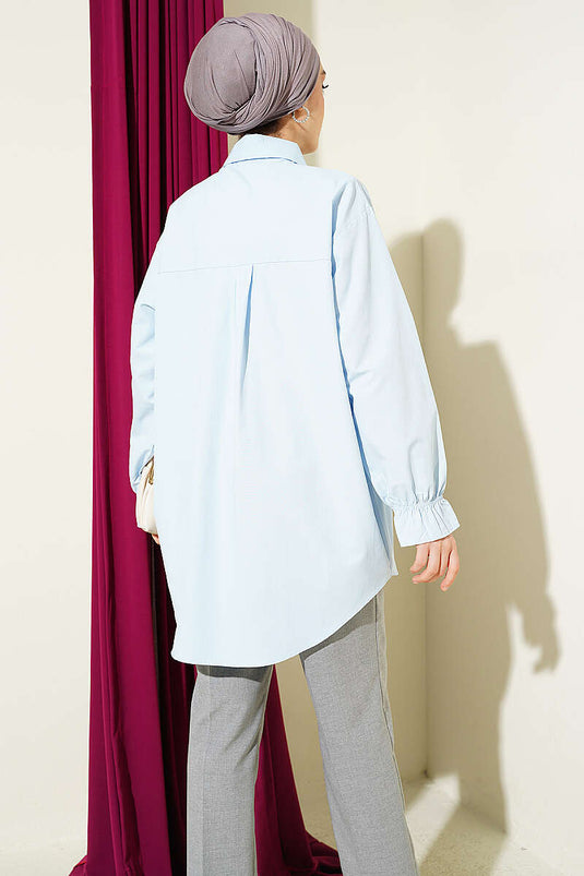 Poplin Shirt with Lace Yoke Blue