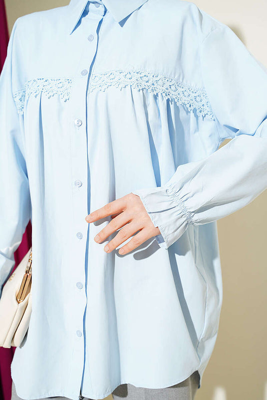 Poplin Shirt with Lace Yoke Blue