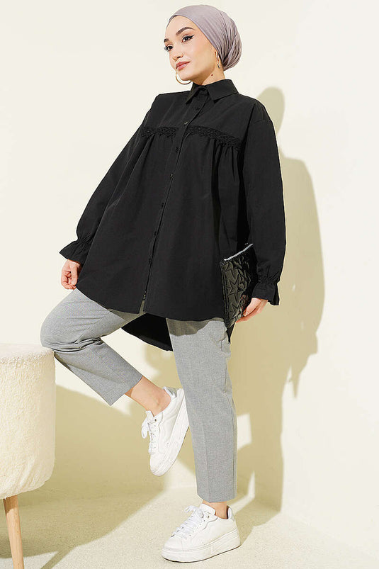 Black Poplin Shirt with Lace Yoke