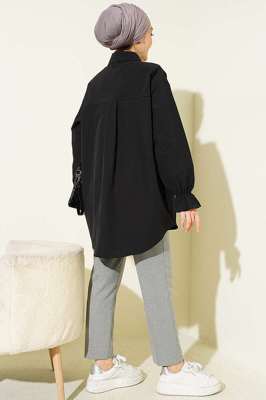 Black Poplin Shirt with Lace Yoke